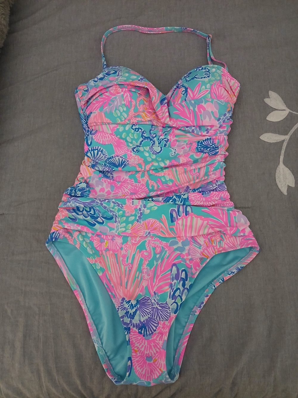 Lilly Pulitzer Pink Turquoise & Blue Floral Ruched One-Piece